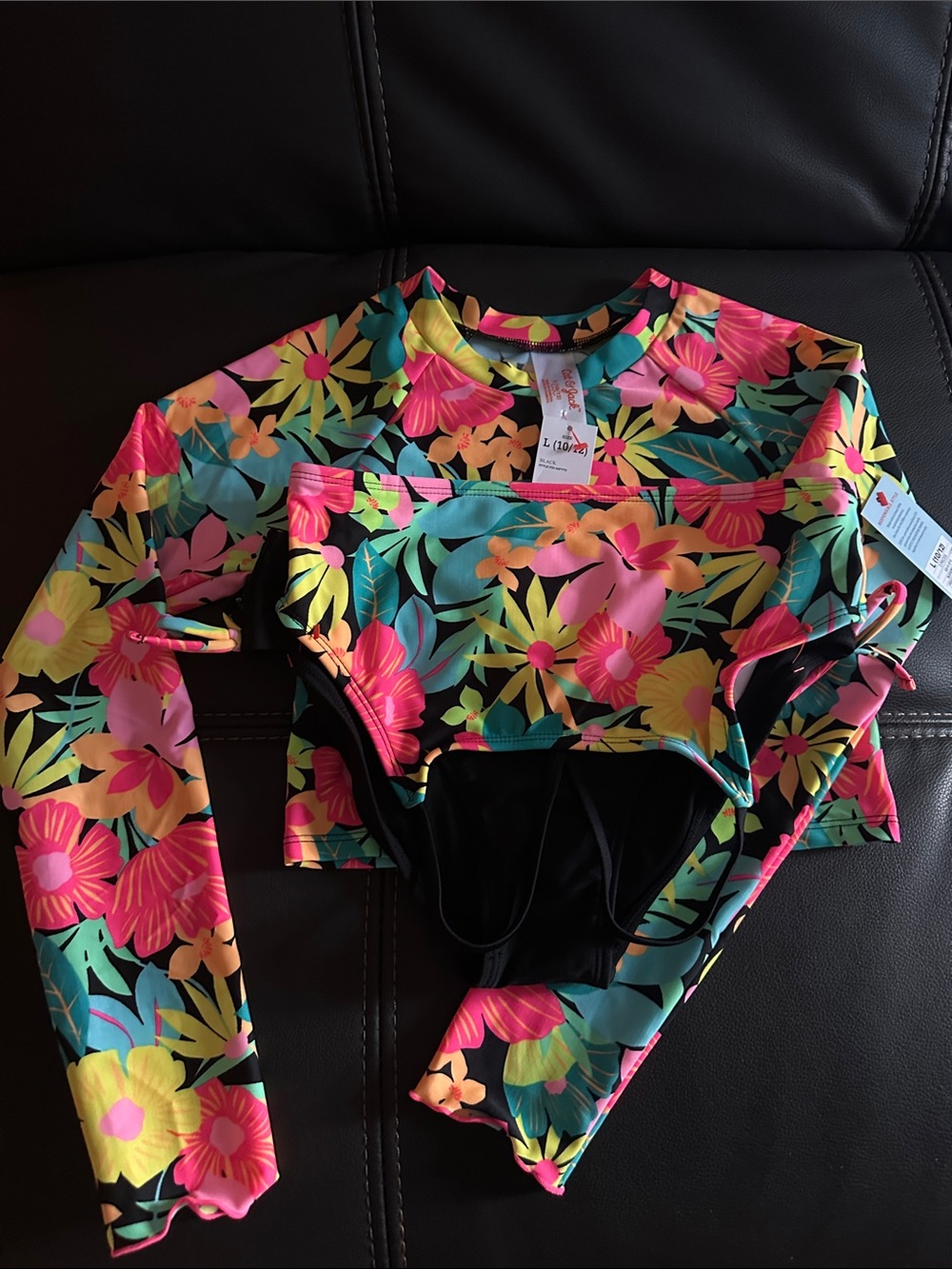 Cat & Jack Black Multicolor Floral Long Sleeve Rash Guard Set